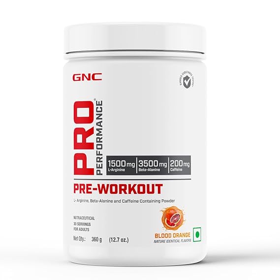 GNC Pro Performance Pre-Workout | 360 gm | 30 Servings | Boosts Pump &amp;amp; Energy | Speeds Up Recovery | 1500 mg L-Arginine | 3500 mg Beta-Alanine | 200 mg Caffeine | Blood Orange